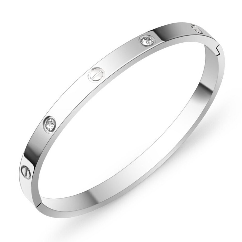Silver Stainless Steel Bangle with Zircon Stones, Screw Motif, Stainless Steel